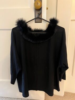 Alice + Olivia Black Cow-neck Sweater with Fur Trim